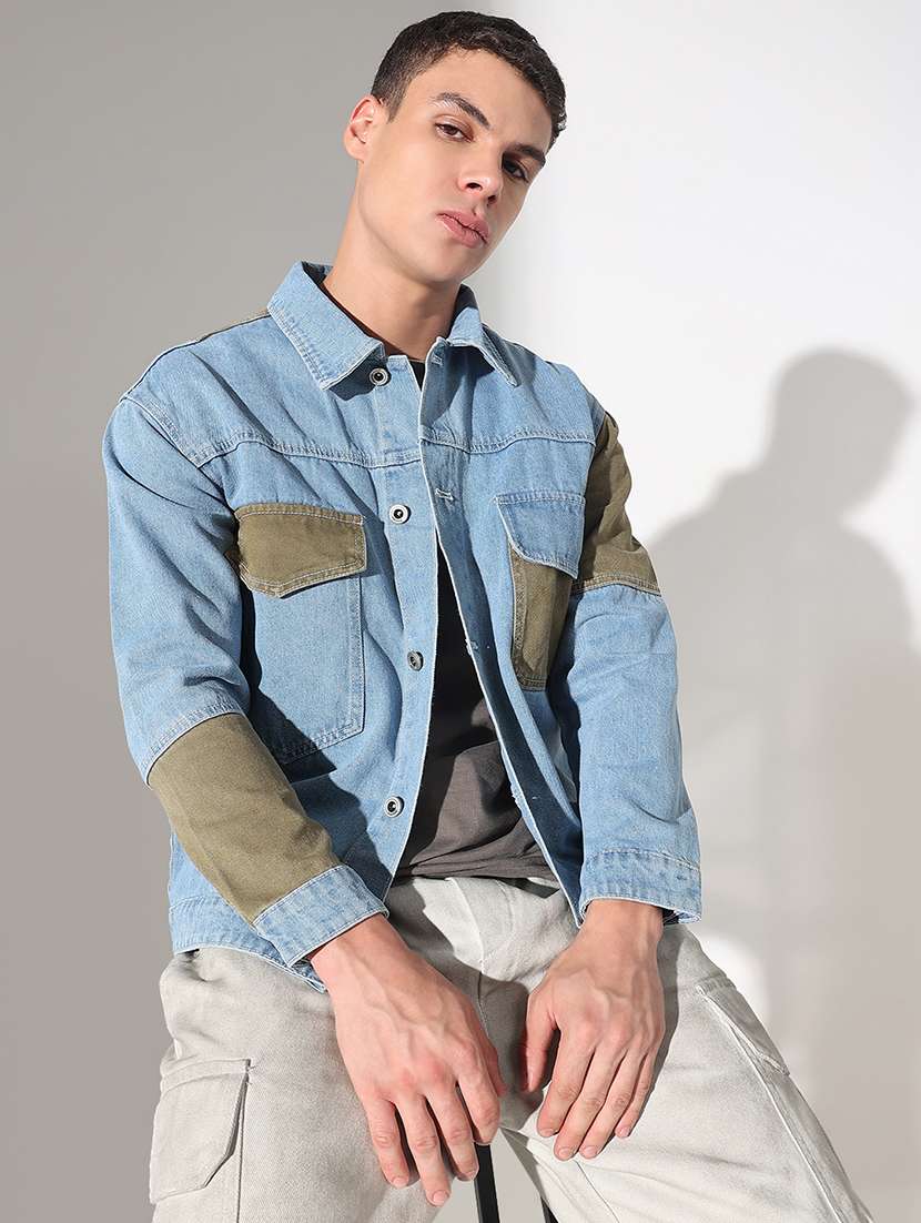 men color blocked collared long sleeve denim jacket