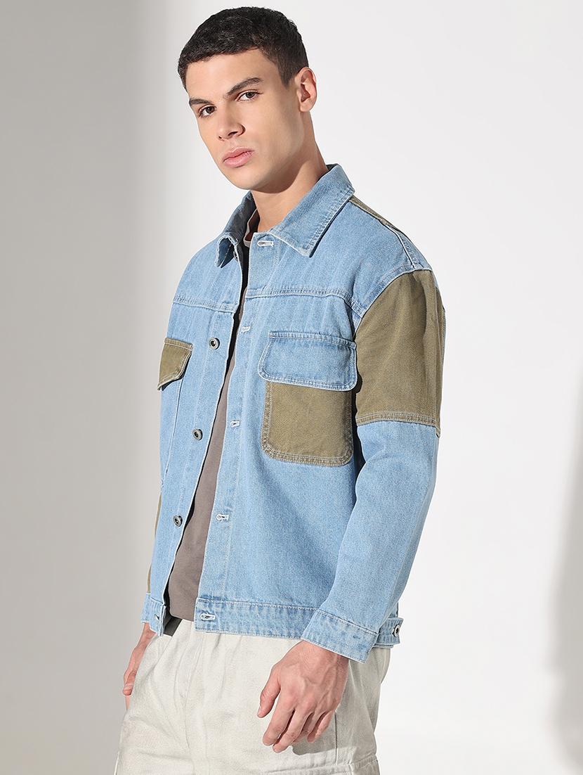 men color blocked collared long sleeve denim jacket - 22037965 - Standard Image - 2