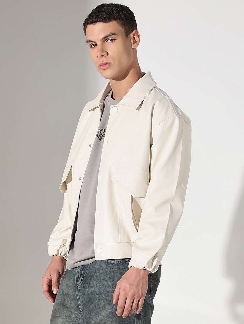 men solid collared long sleeve faux leather jacket - 22037972 - Standard Image - 2