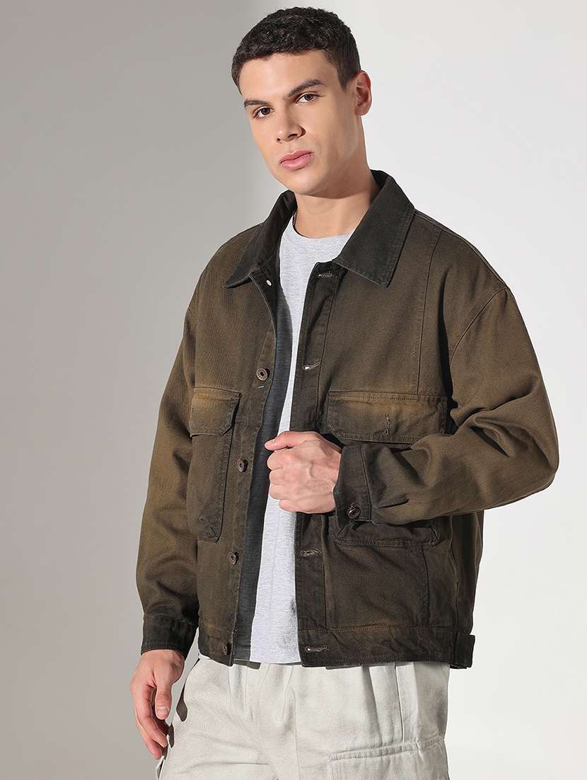 men solid collared long sleeve denim jacket - 22037975 - Standard Image - 2