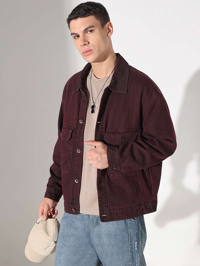 men solid collared long sleeve denim jacket