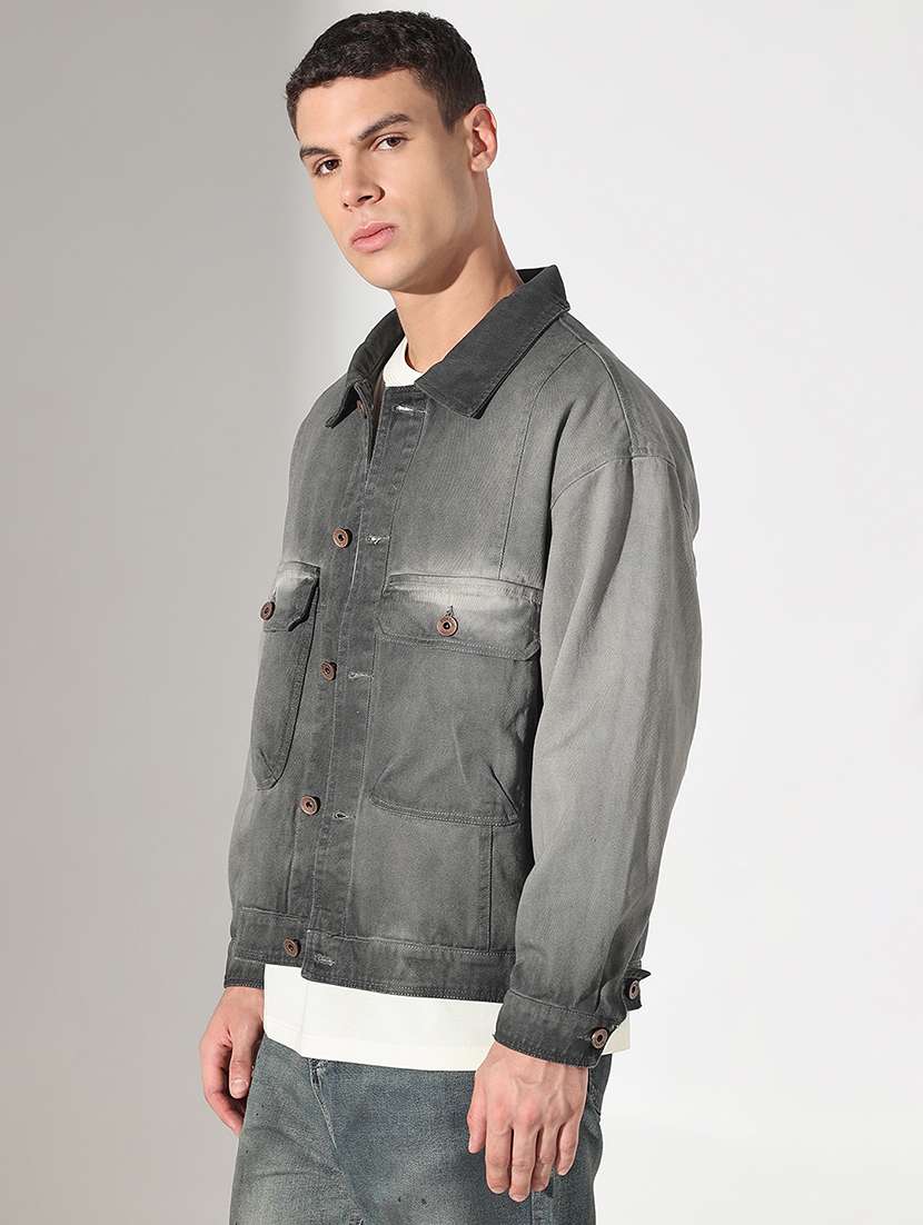 men washed collared long sleeve denim jacket - 22037977 - Standard Image - 2