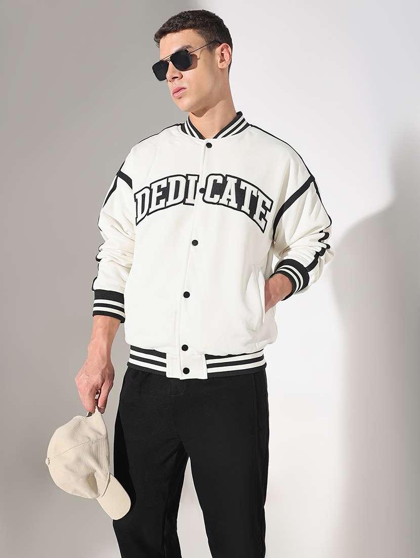 men typographic print long sleeve varsity jacket