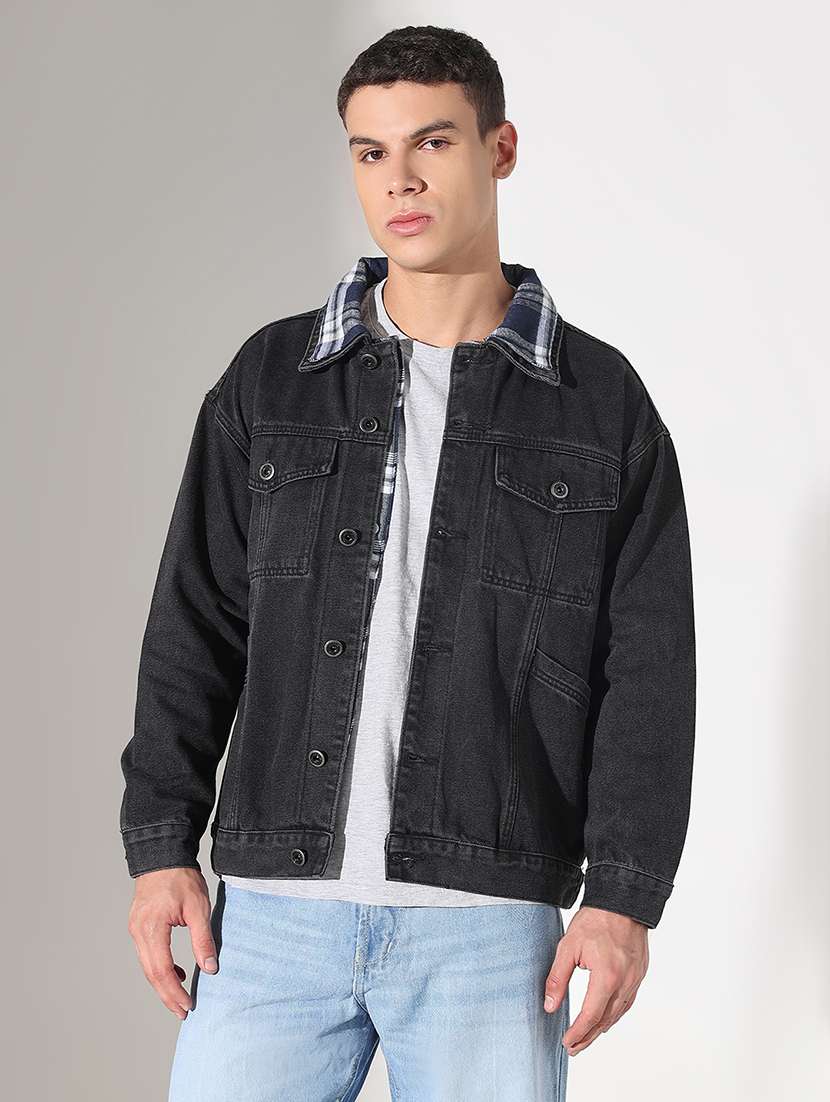 men solid collared long sleeve denim jacket - 22037981 -  Standard Image - 2