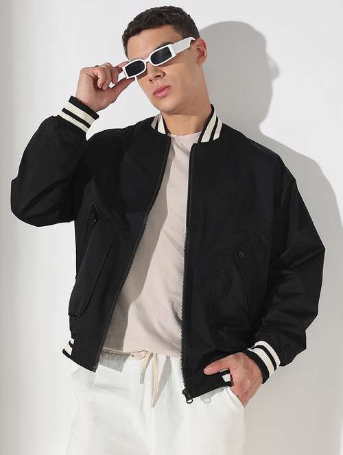 men black solid long sleeve varsity jacket - 22037990 - Standard Image - 0