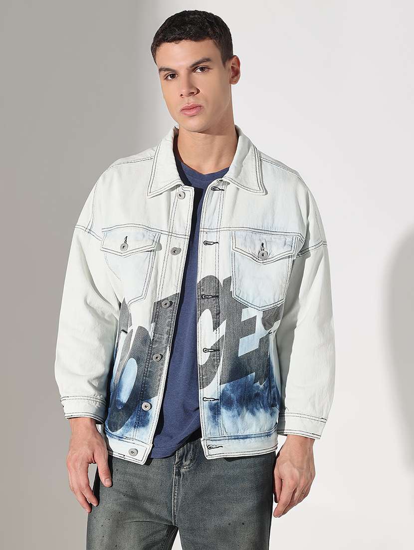 men printed collared long sleeve denim jacket - 22037992 - Standard Image - 2
