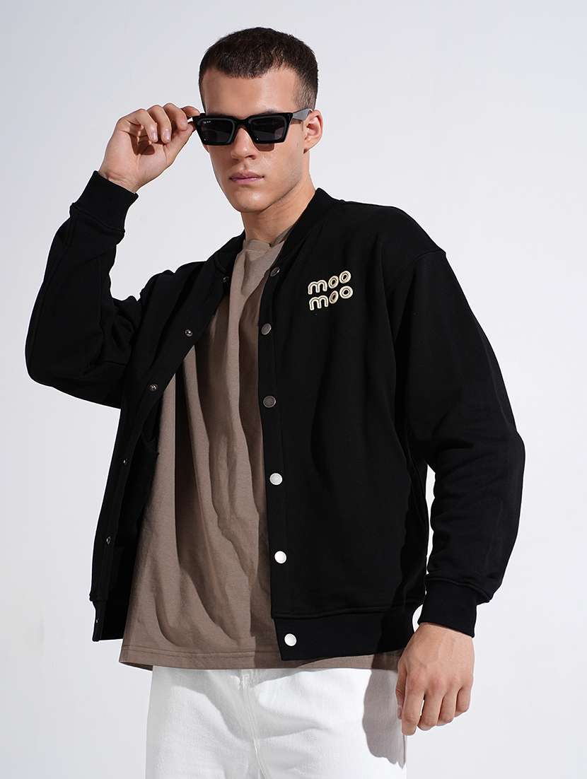men black prnted long sleeve varsity jacket