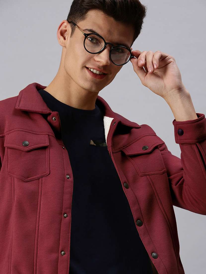 men maroon solid long sleeve collared casual jacket