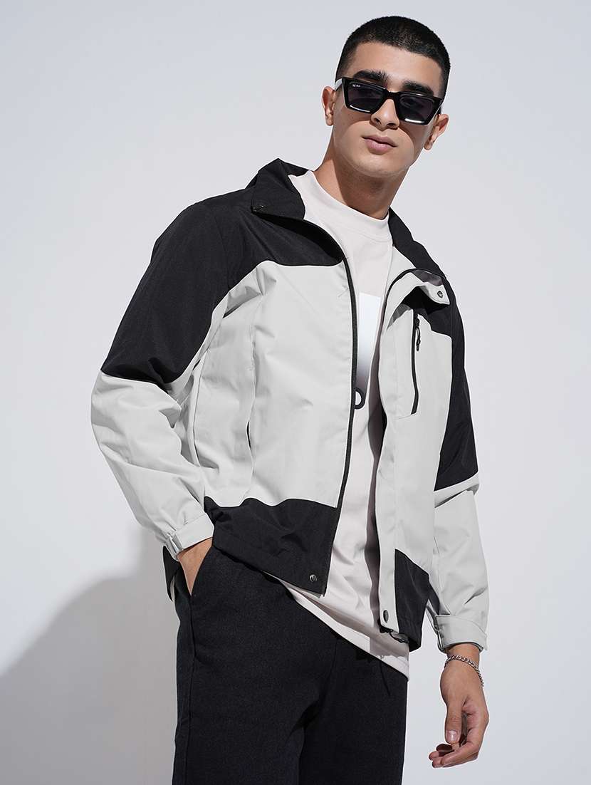 men color blocked long sleeve hooded bomber jacket