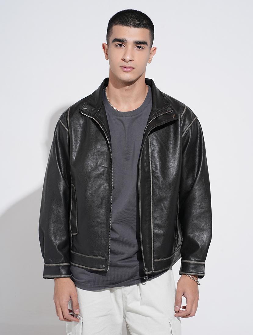 men solid long sleeve faux leather jacket - 22038009 - Standard Image - 2