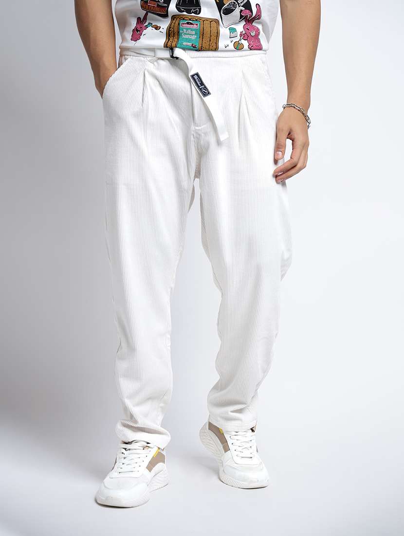 men solid mid rise corduroy casual trouser