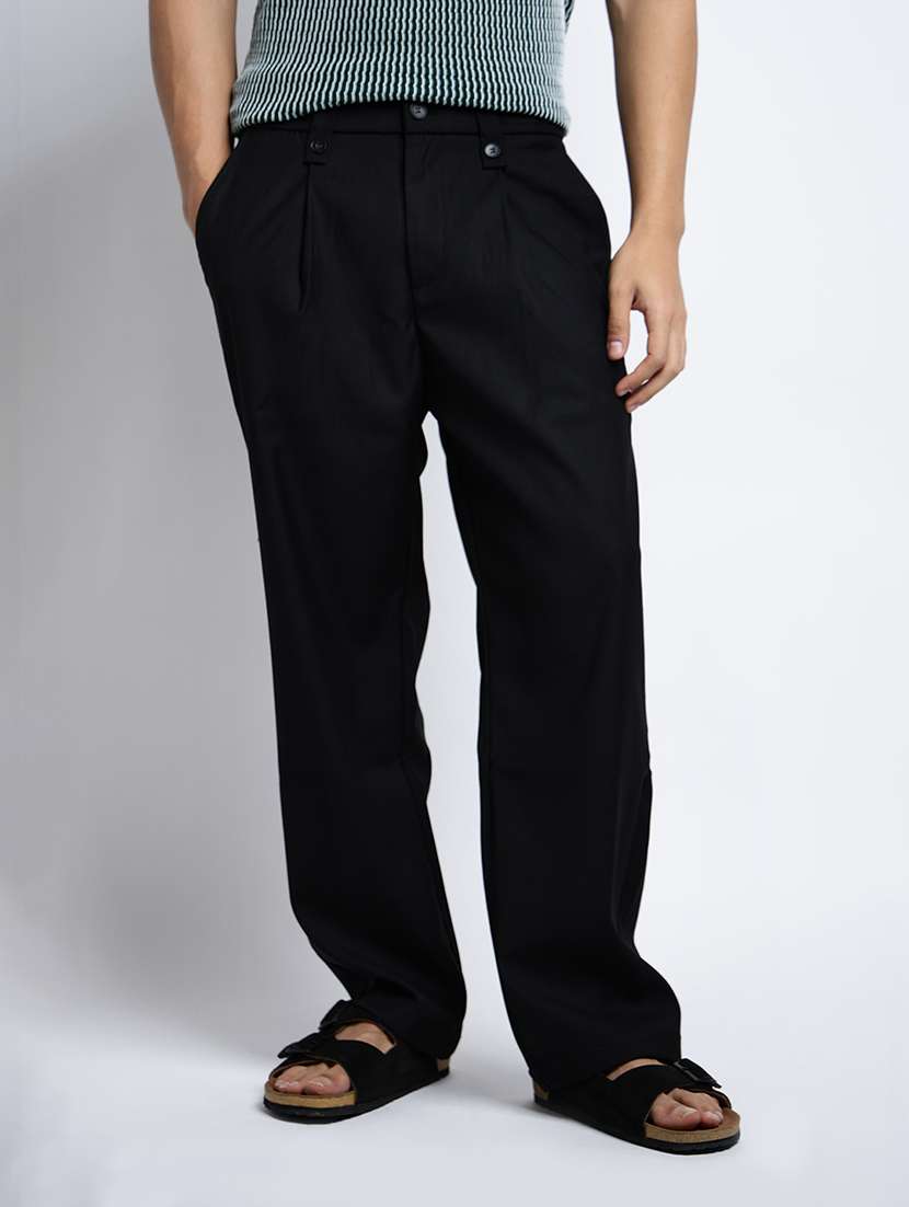 men solid mid rise loose fit pleated trouser - 22038023 - Standard Image - 2