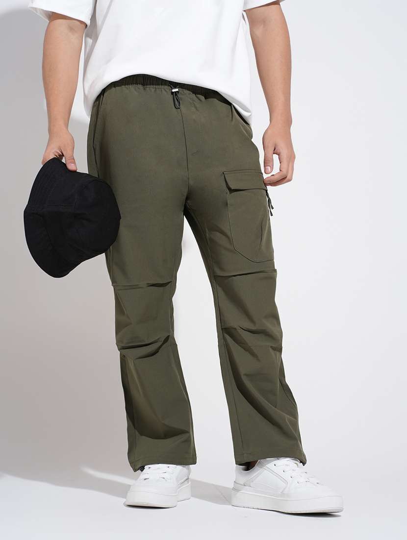 men solid mid rise relaxed fit parachute pants