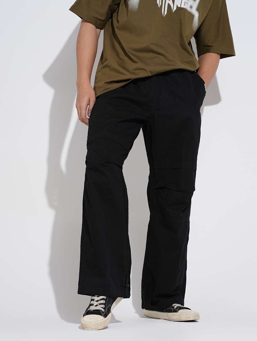 men solid low rise relaxed fit parachute pant