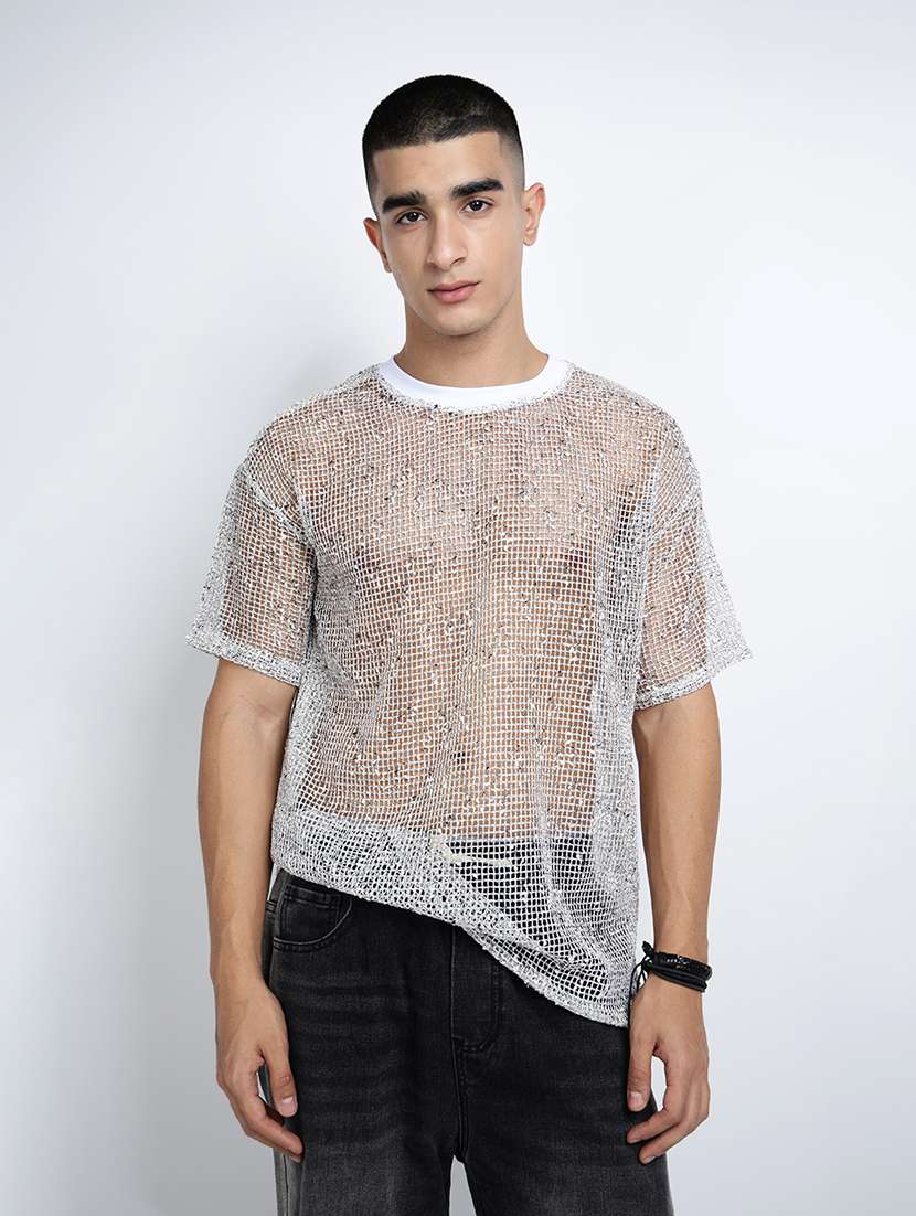 men self designed short sleeve regular fit sheer t-shirt - 22038115 -  Standard Image - 2