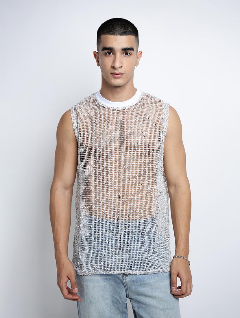 men self designed sleeveless regular fit sheer t-shirt - 22038118 - Standard Image - 2