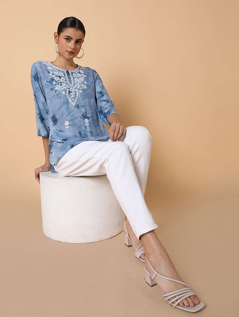 women tie & dye three quarter sleeve straight kurti - 22038223 -  Standard Image - 2