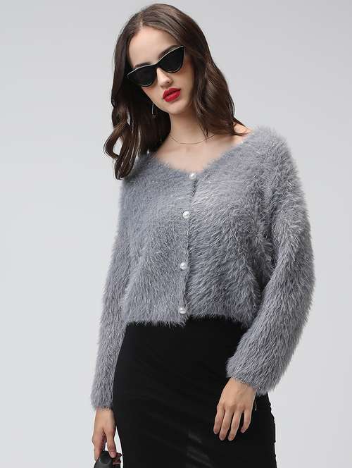 women grey solid long sleeve crop cardigan - 22038237 - Standard Image - 0