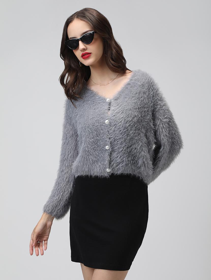 women grey solid long sleeve crop cardigan - 22038237 - Standard Image - 2