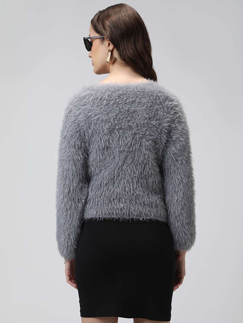 Women Grey Solid Long Sleeve Crop Cardigan