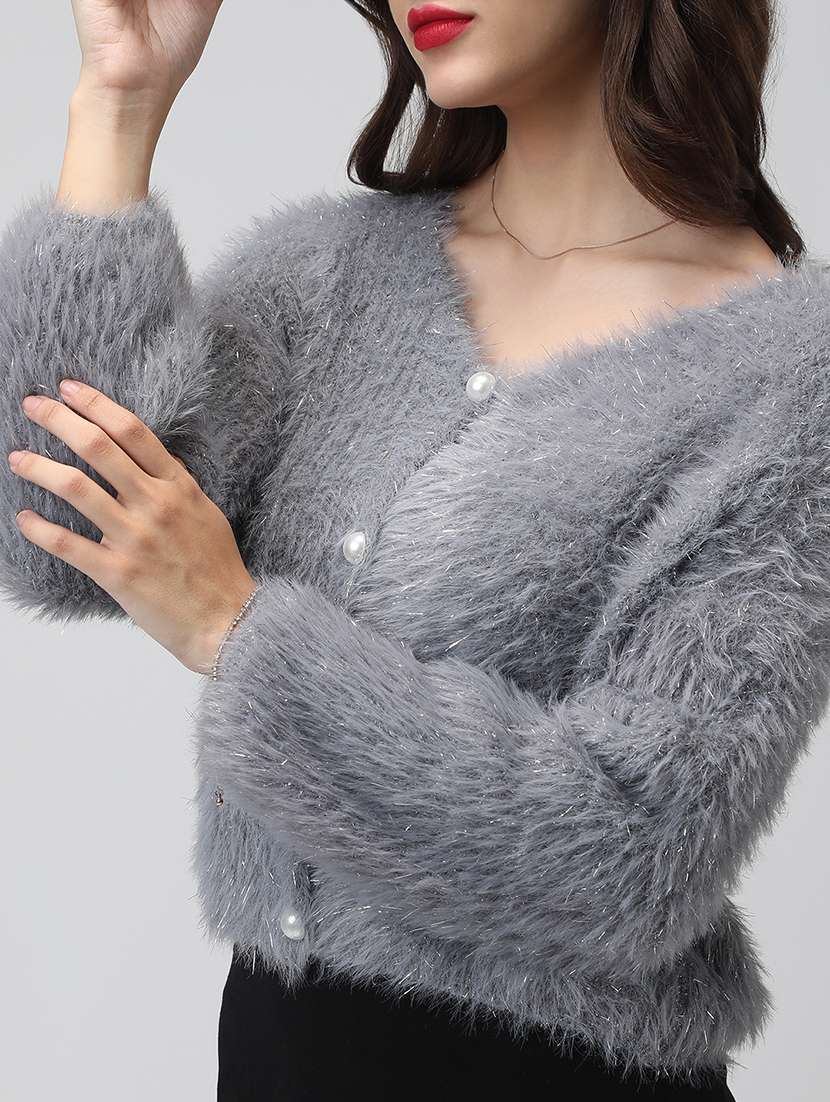 Women Grey Solid Long Sleeve Crop Cardigan