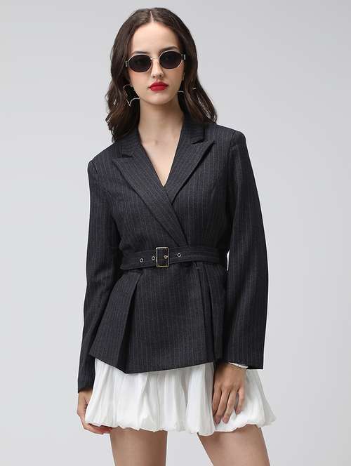 women striped long sleeve double breasted blazer - 22038239 - Standard Image - 0
