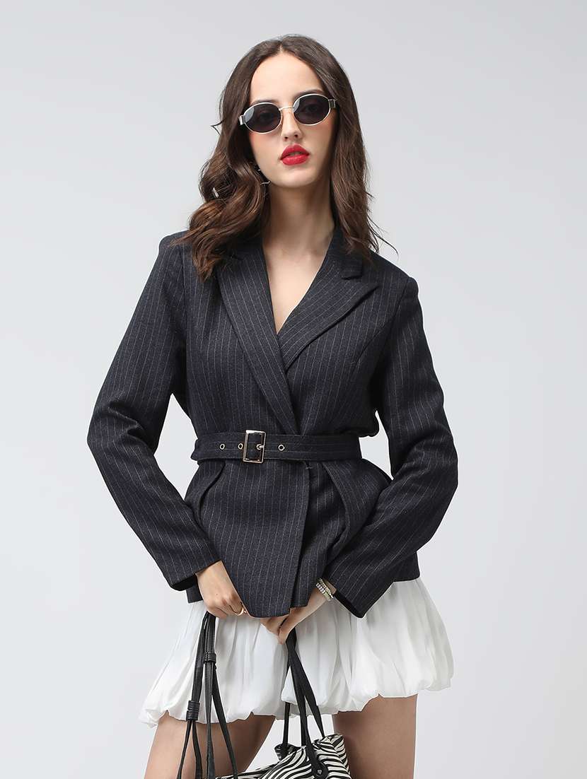 women striped long sleeve double breasted blazer - 22038239 - Standard Image - 2