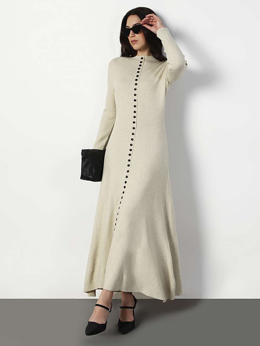 women cream solid long sleeve a-line dress