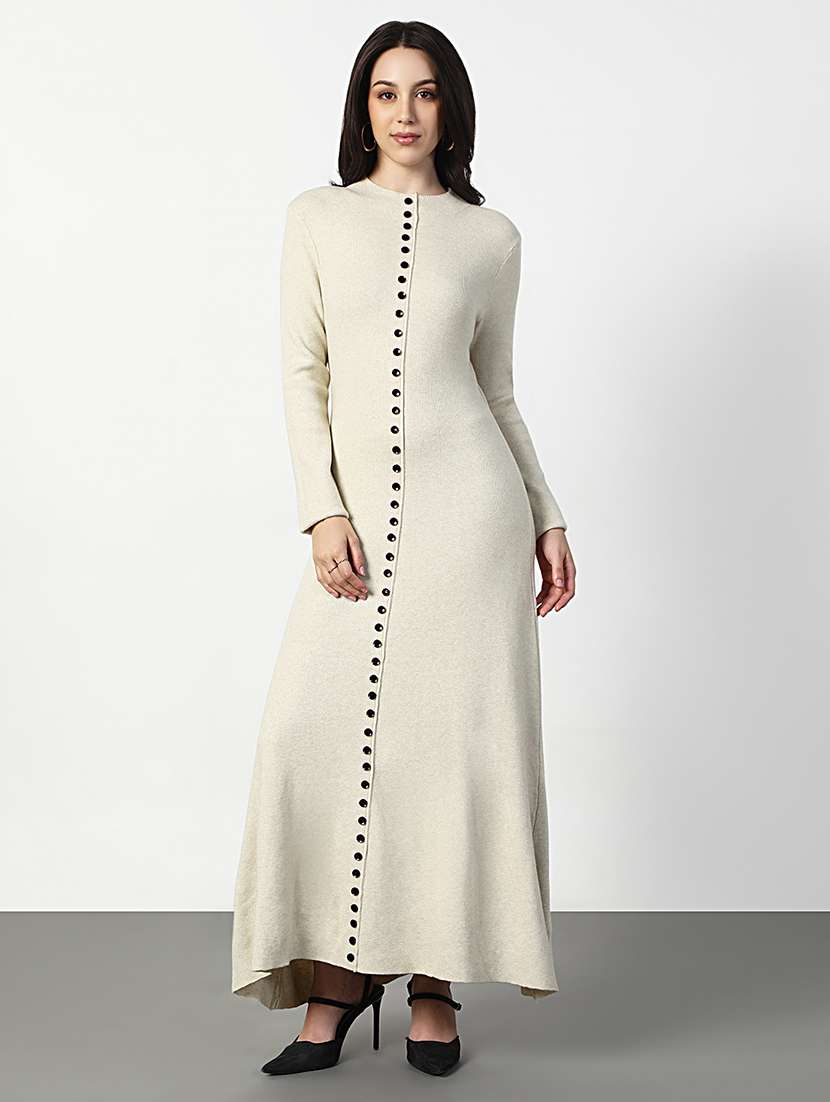 women cream solid long sleeve a-line dress - 22038243 - Standard Image - 2