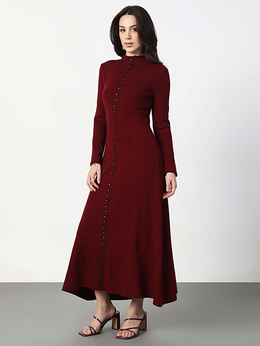women maroon solid long sleeve a-line dress - 22038244 -  Standard Image - 2