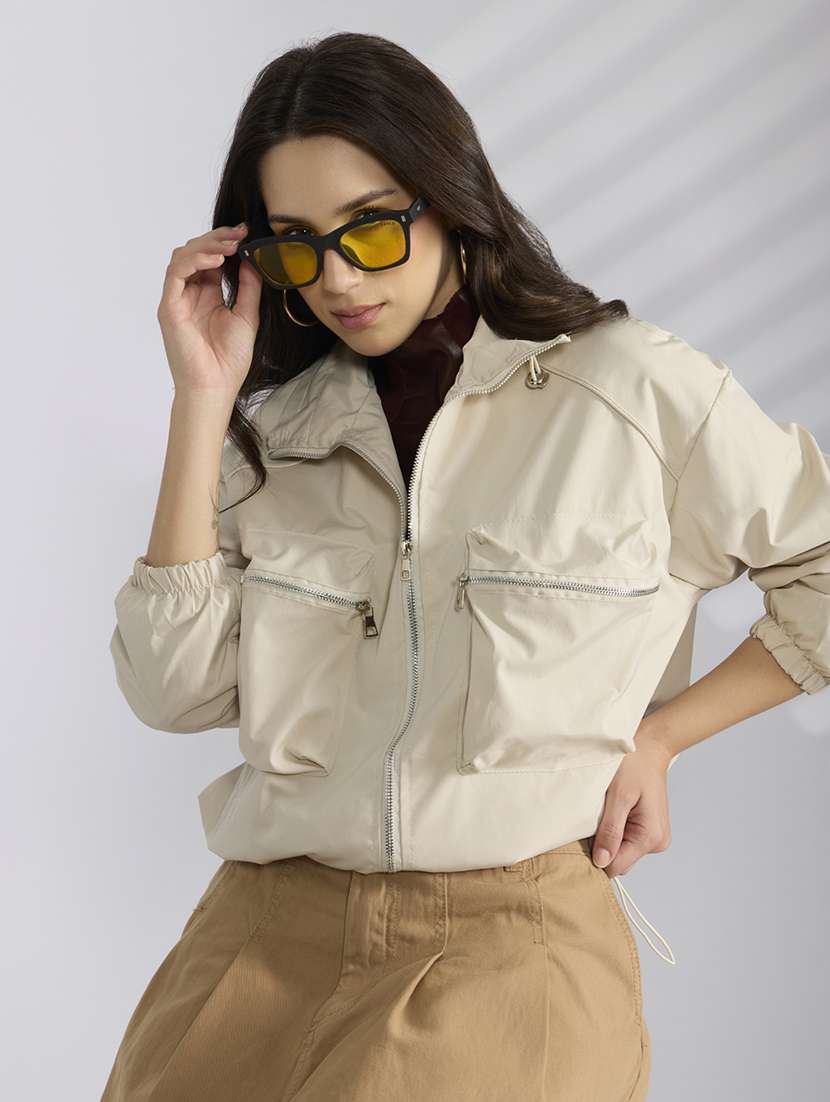 women cream solid long sleeve bomber jacket
