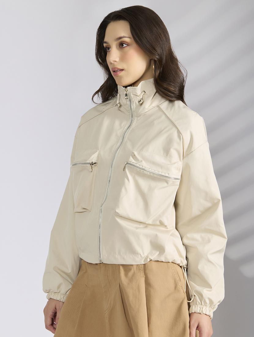 women cream solid long sleeve bomber jacket - 22038250 - Standard Image - 2