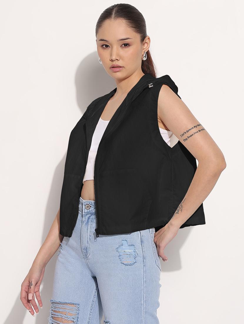 women solid sleeveless hooded windcheter jacket - 22038251 - Standard Image - 2