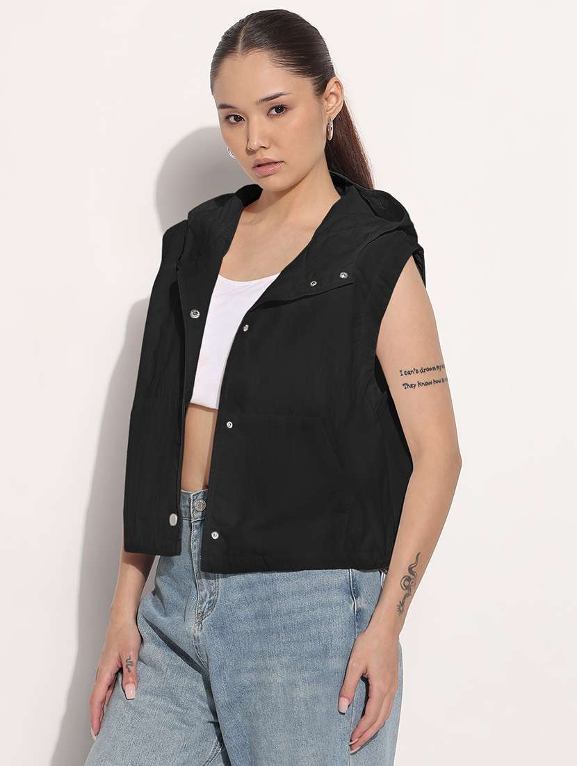 women solid sleeveless hooded windcheter jacket - 22038252 -  Standard Image - 2