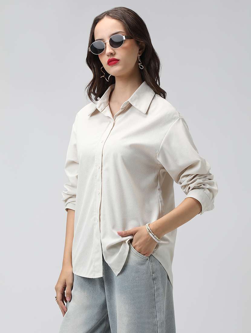 women solid collared long sleeve shirt - 22038254 -  Standard Image - 2