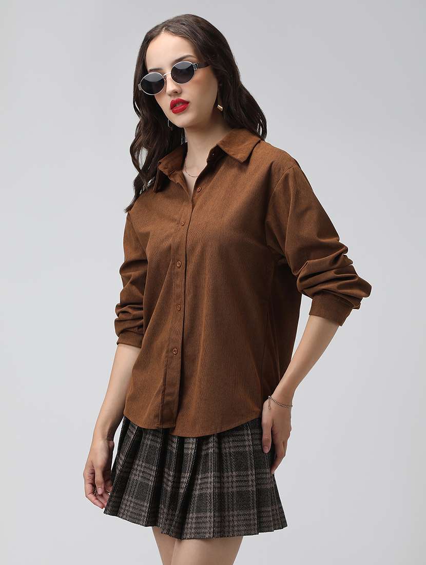 women solid collared long sleeve shirt - 22038255 -  Standard Image - 2