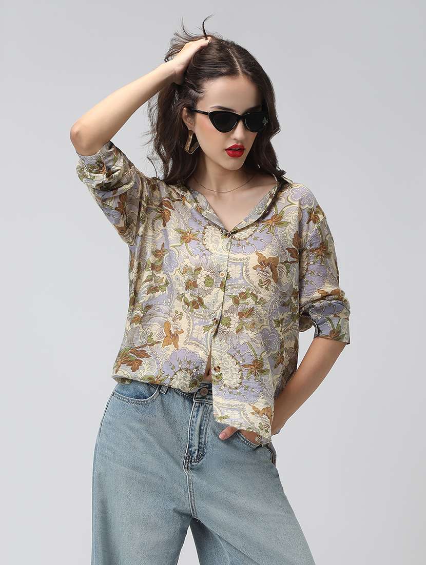 women printed collared long sleeve shirt