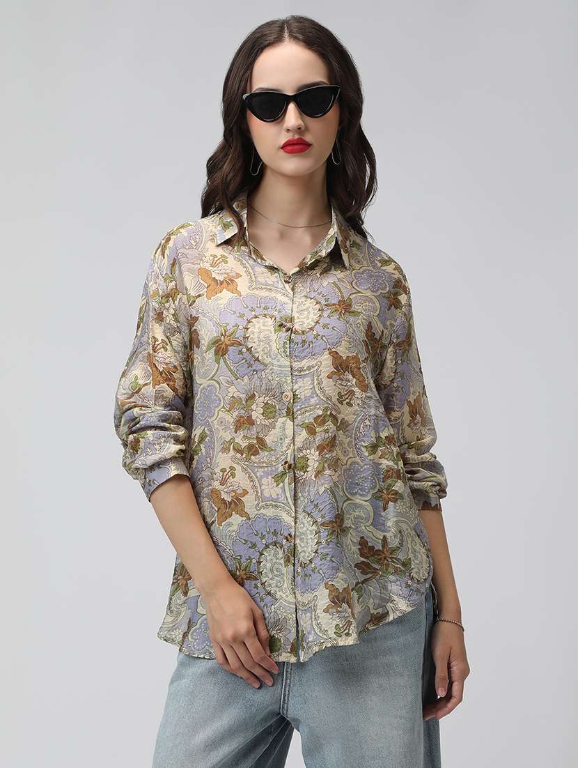 women printed collared long sleeve shirt - 22038258 -  Standard Image - 2