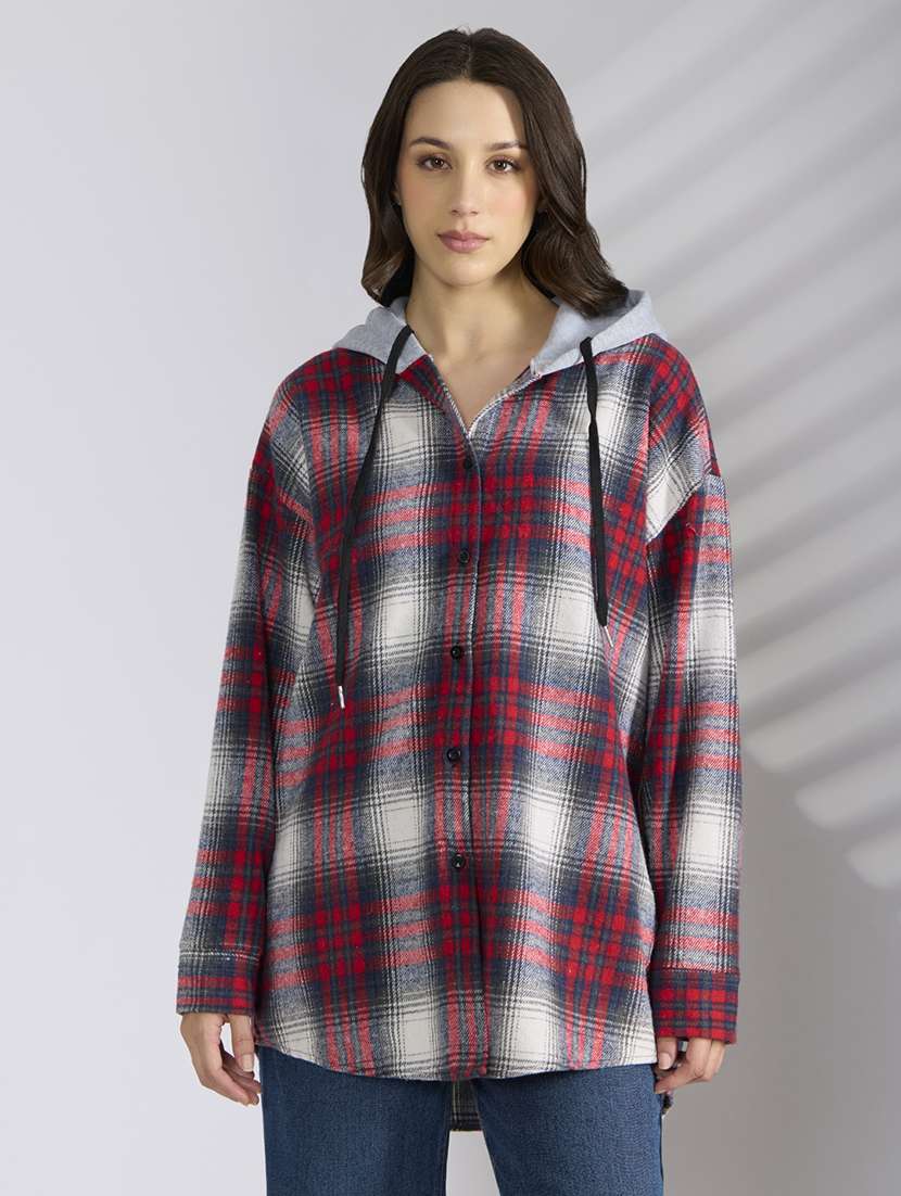 women checkered hooded long sleeve shirt - 22038260 - Standard Image - 2
