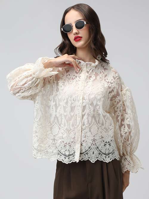 women embroidered mandarin neck puff sleeve shirt - 22038261 -  Standard Image - 0