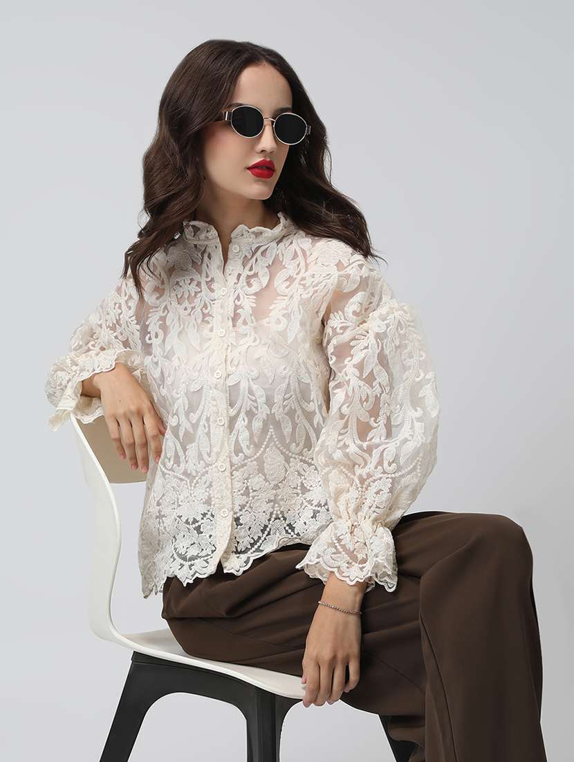 women embroidered mandarin neck puff sleeve shirt - 22038261 - Standard Image - 2