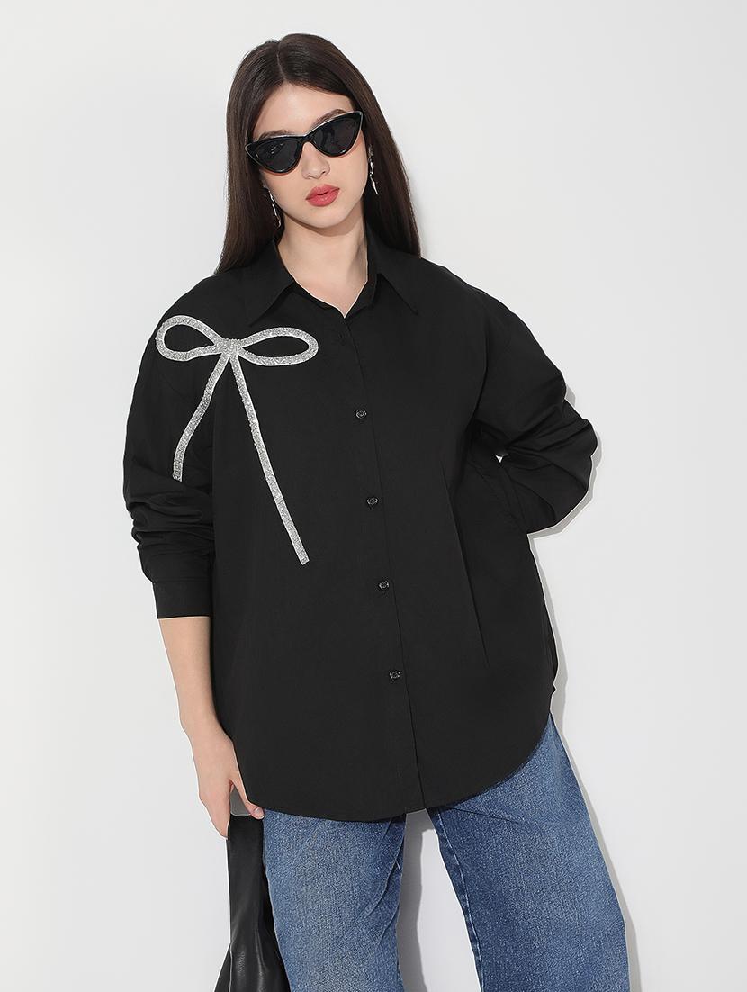 women sequined collared long sleeve shirt