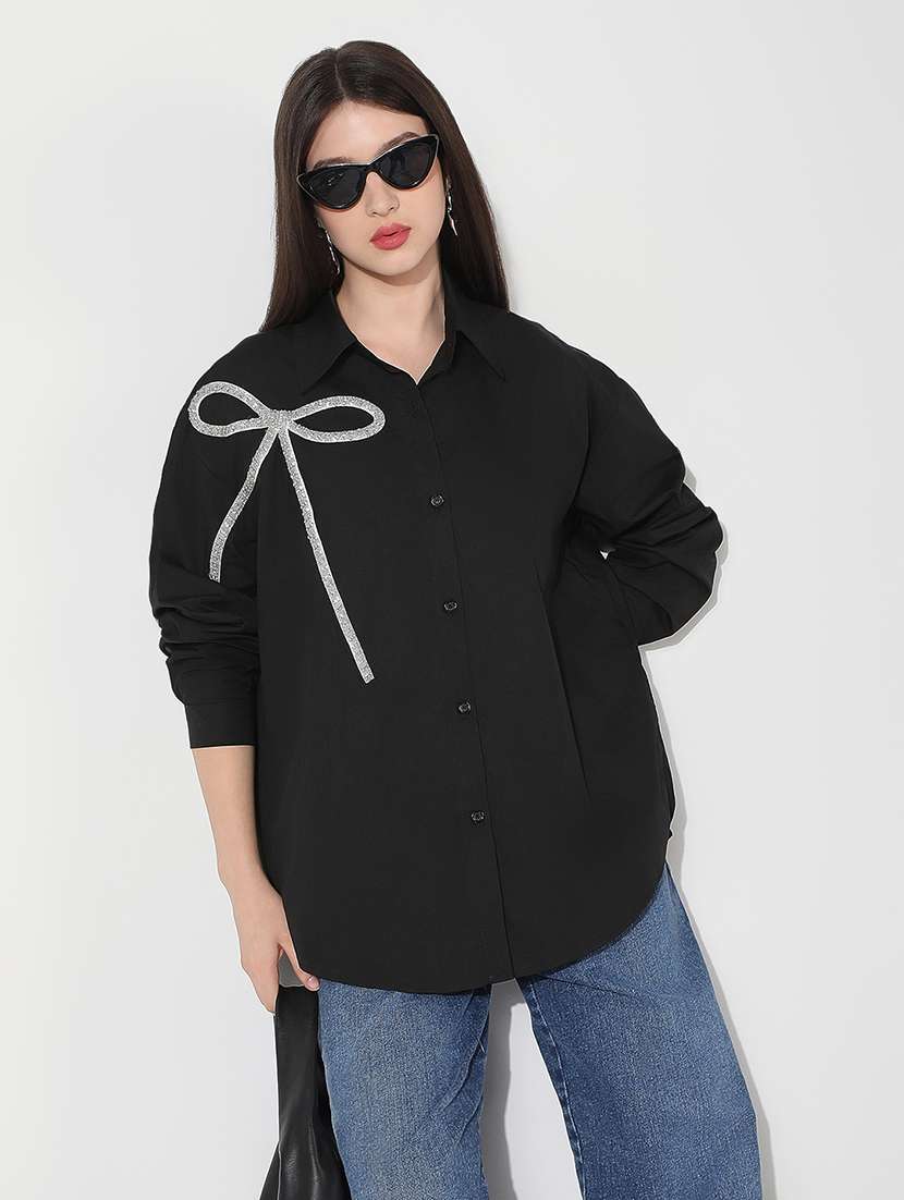 Women Sequined Collared Long Sleeve Shirt