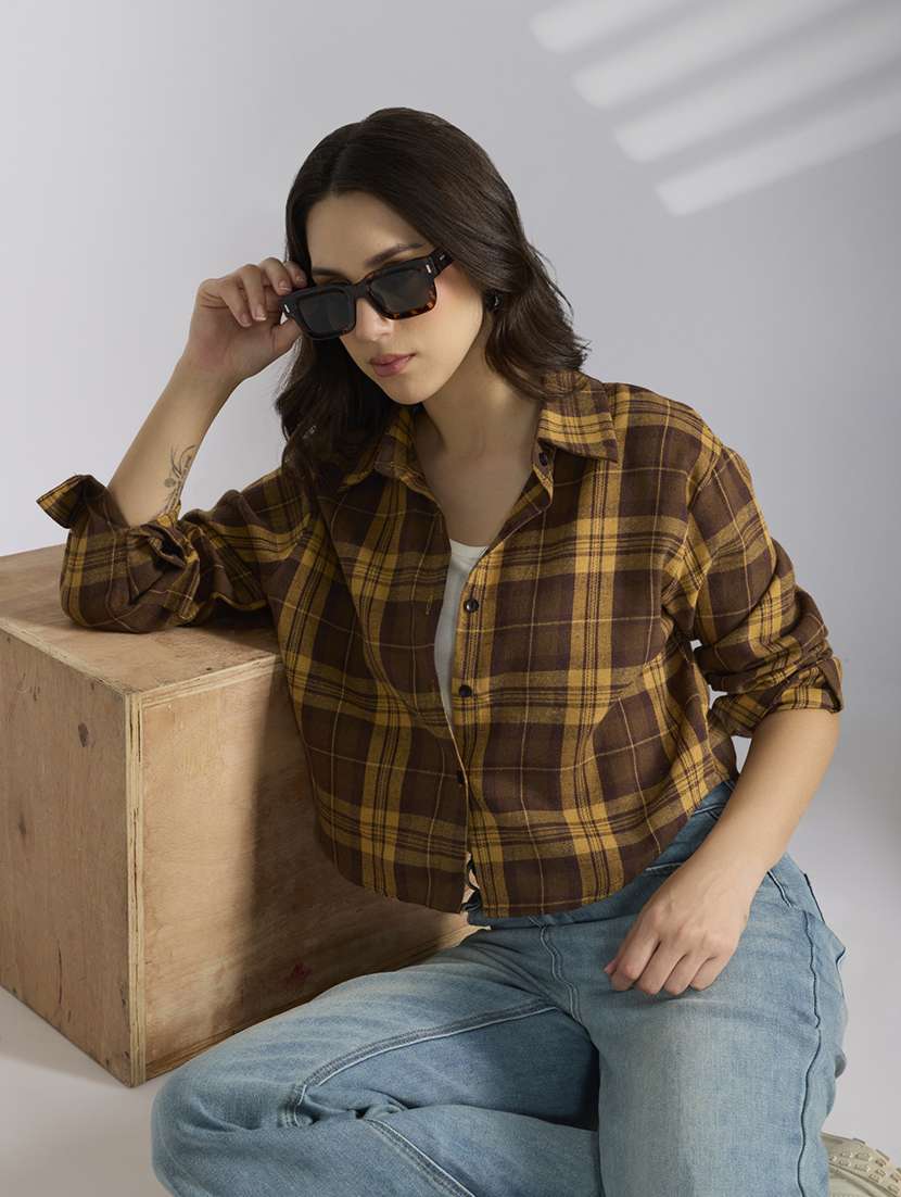 women checkered collared long sleeve shirt