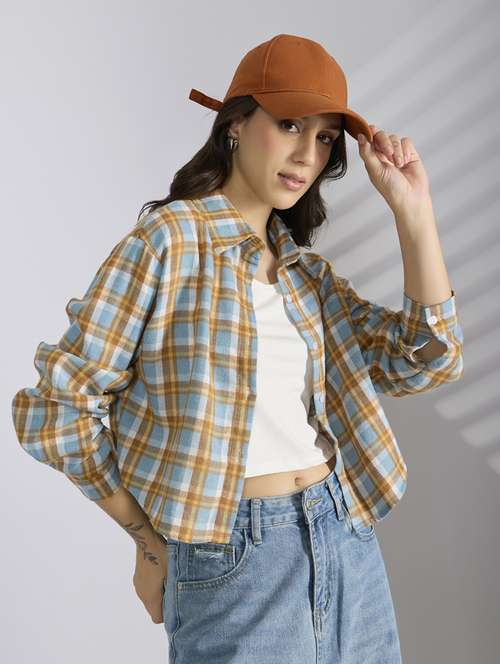 women chckered collared long sleeve shirt - 22038265 - Standard Image - 0