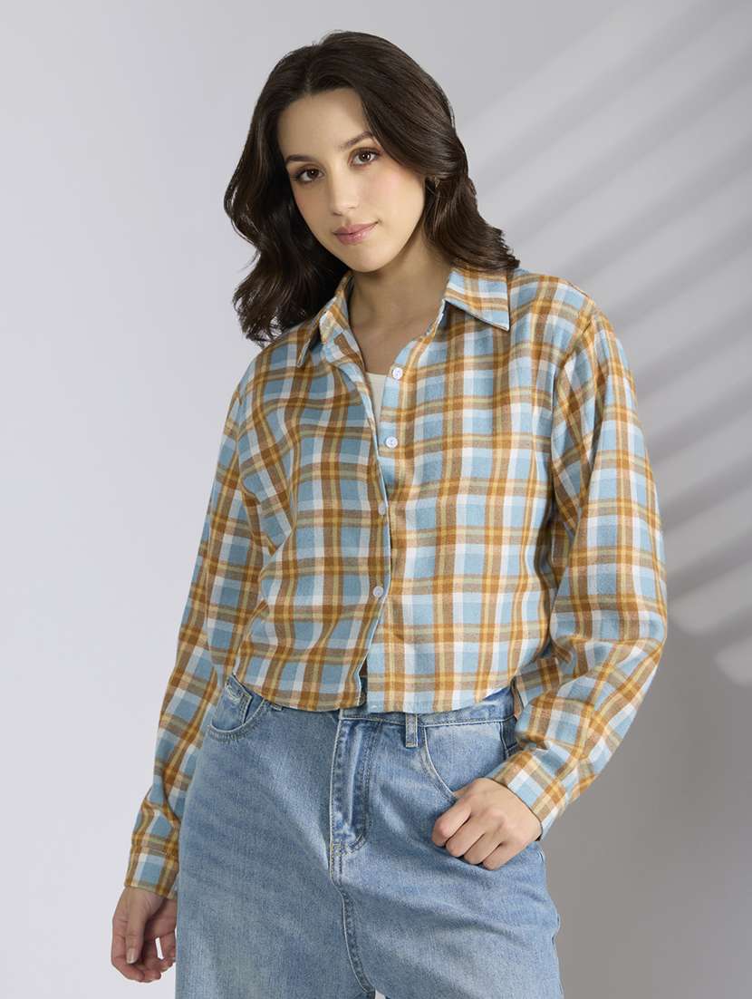 women chckered collared long sleeve shirt - 22038265 - Standard Image - 2