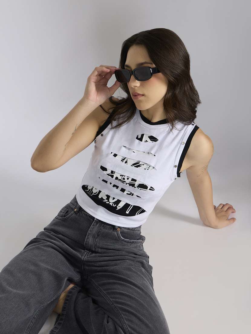 women printed sleeveless crop tank top