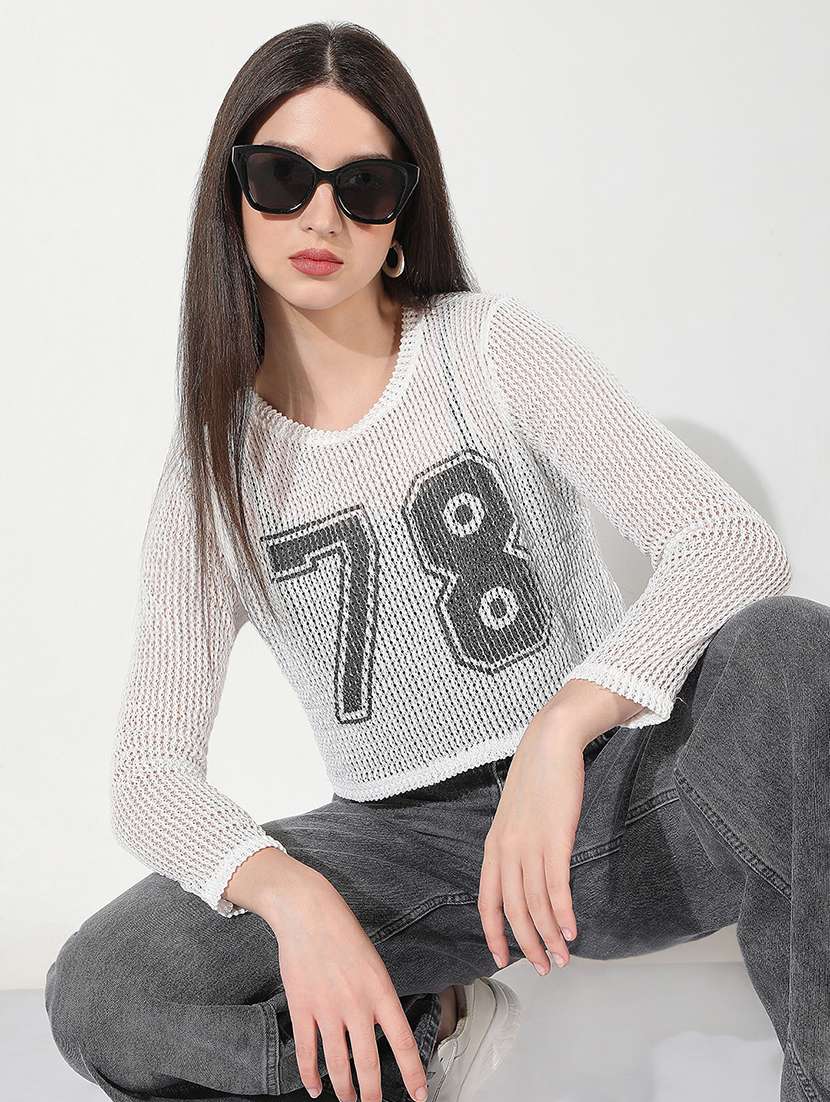 women printed long sleeve crop top with slip