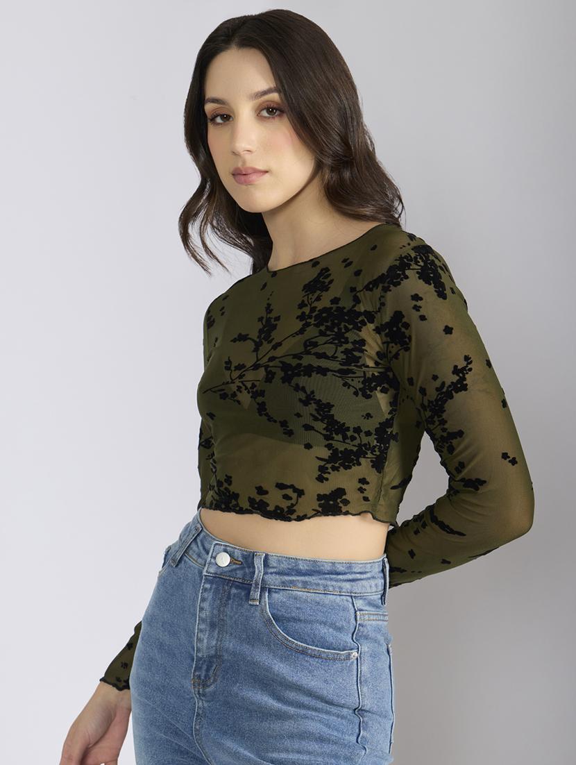 women self designed long sleeve mesh crop top - 22038291 - Standard Image - 2