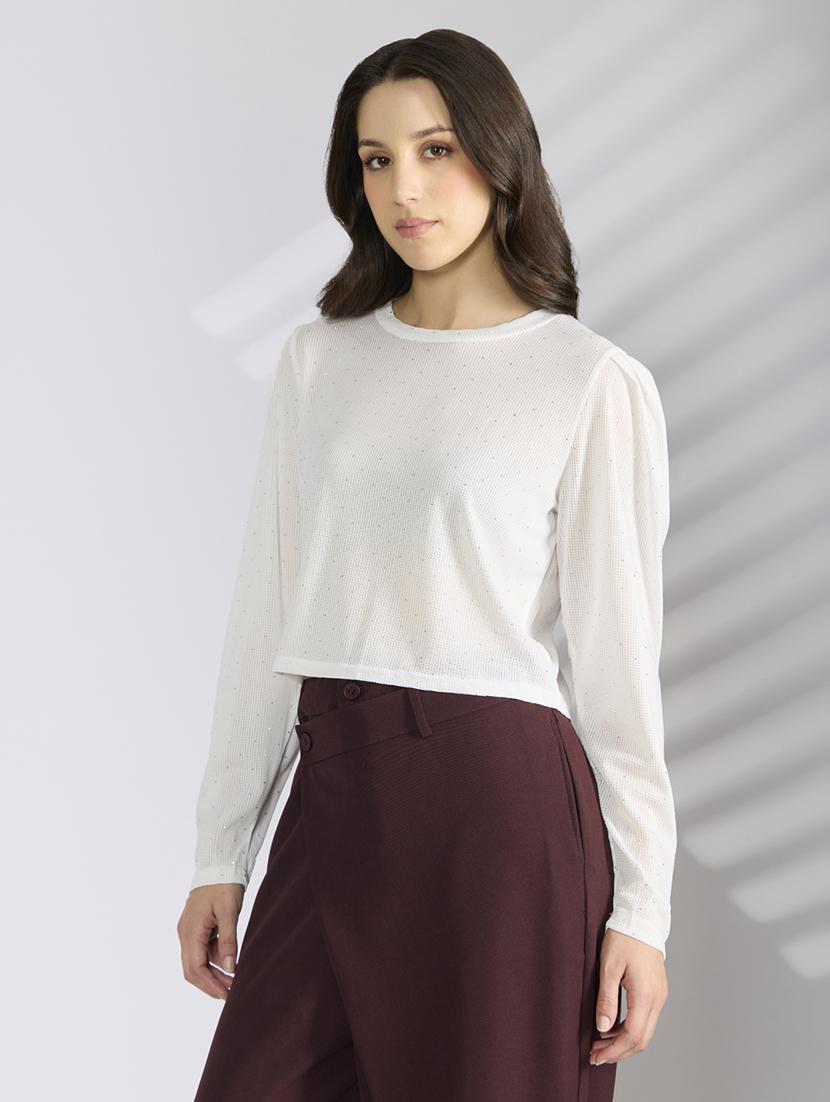 women solid long sleeve crop top - 22038293 - Standard Image - 2